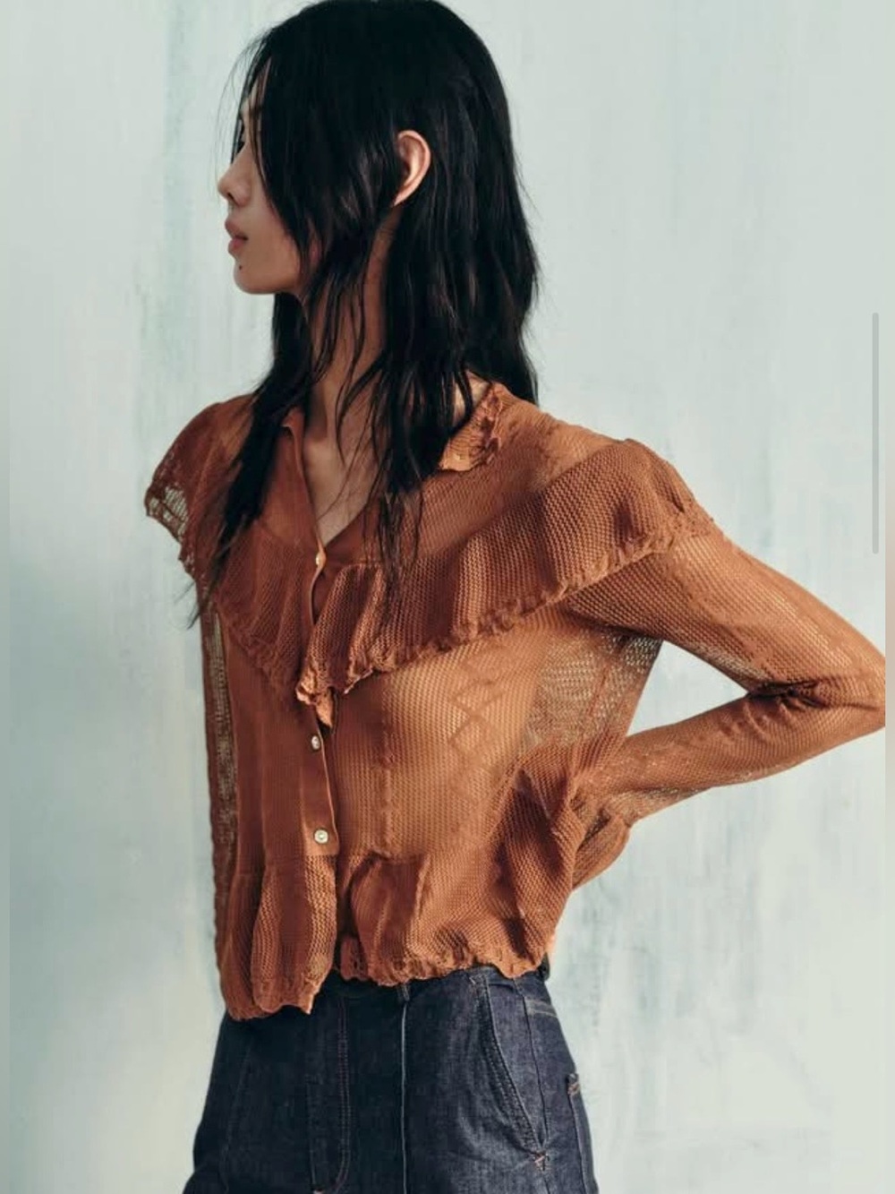 Zara Brown Pointelle Knit Romantic Cardigan with Ruffle Detail